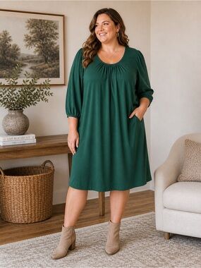 Connected Apparel Green Dress 22W Midi Pockets Flowy Plus Size Casual